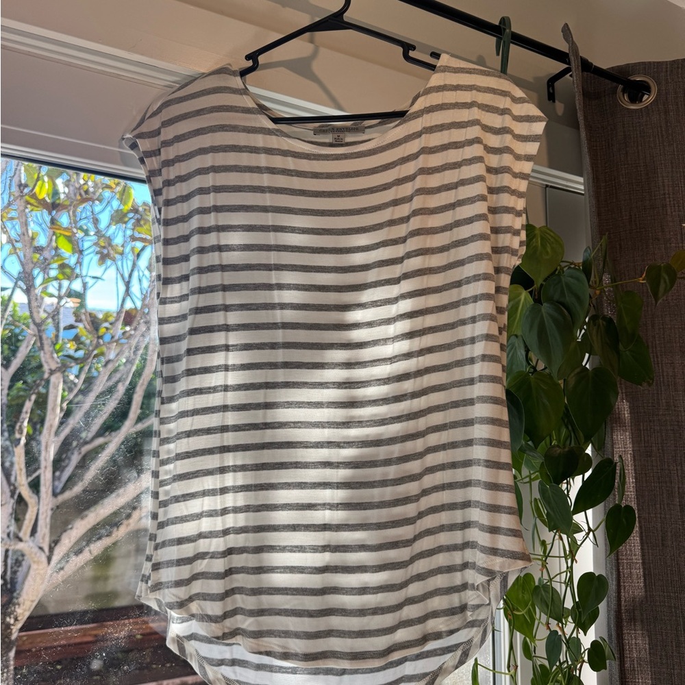 Green Envelope Gray and White Striped Short Sleeve Top
